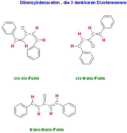 Dibenzylidenaceton, 3 Diastereomere, cis-cis, cis-trans u. trans-trans.JPG